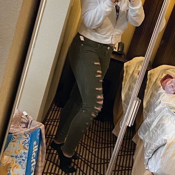 Zara Woman Premium Denim Collection Army Green Distressed Skinny Jeans - Picture 3 of 11